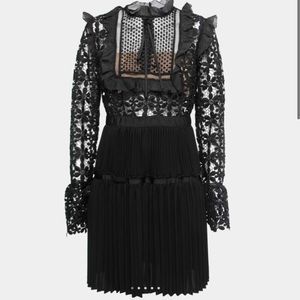 Self-Portrait Black Guipure Lace & Organza Trim Pleated Adeline Dress 4
